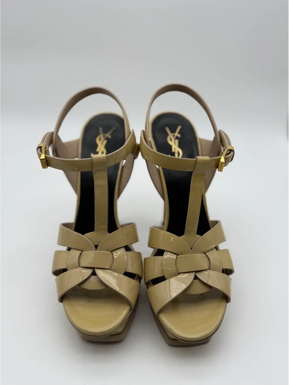 Saint Laurent Beige Patent Leather Platform T-Strap High Heel, Size 38